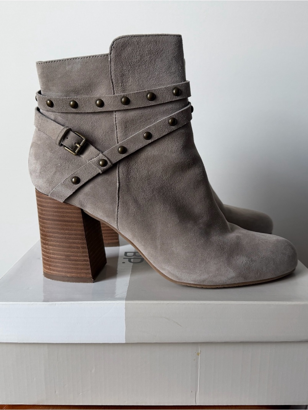 bp Taupe Suede Stud-Embellished Block Heel Ankle Boots